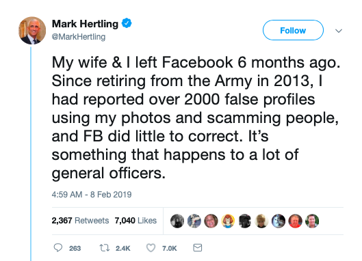 A Twitter post from a general talking about romance scammers
