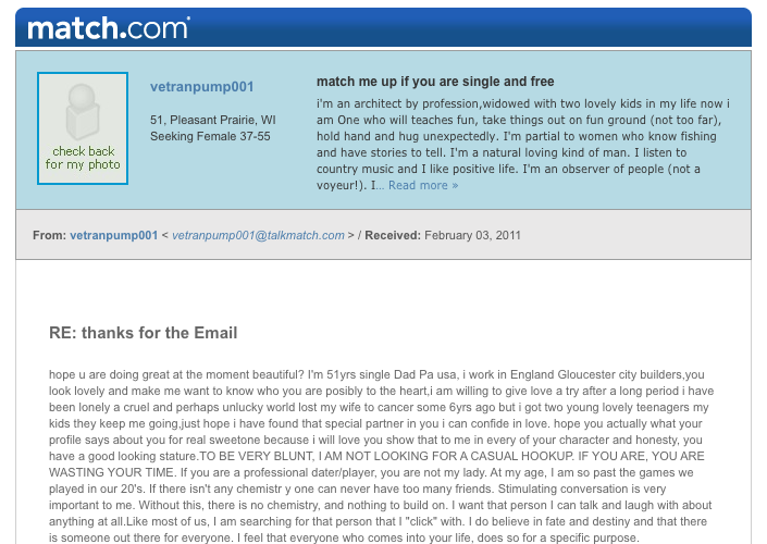 Match.com profile of a romance scammer