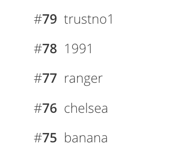 Top 100 most-used passwords - 75 - 79