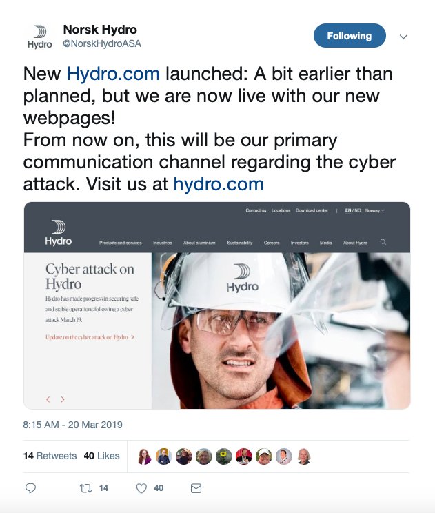 A Hydro tweet about updates on its ransomware cyberattack