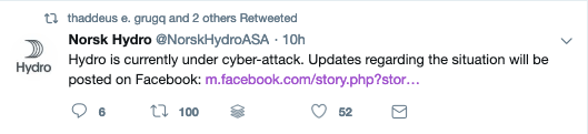 Tweet from Hydro about the ransomware cyberattack