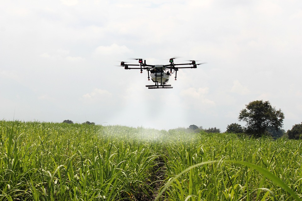 A drone sprays sugar cane at a farm in Colombia.