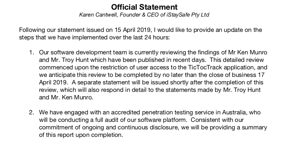 TicTocTrack's statement on April 16 after kids' watch security problems revealed