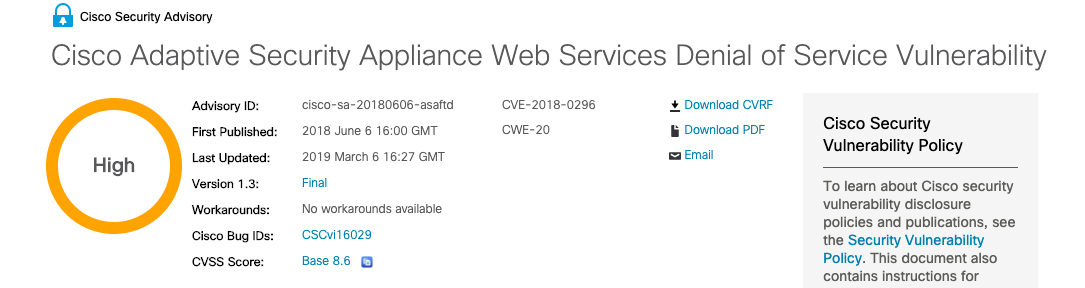 Cisco announced a security vulnerability and patch for its ASA devices in June 2018.
