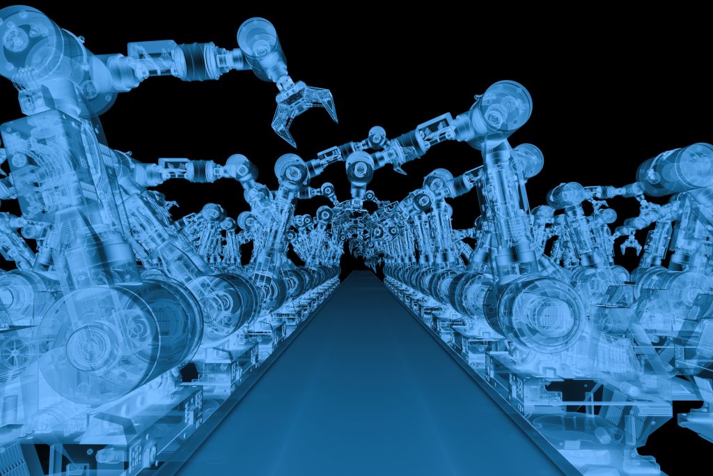A simulated X-ray scan of robotic arms representing the Shodan scan of connected devices.