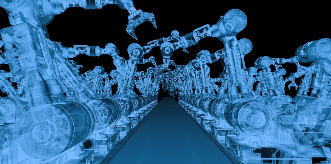 A simulated X-ray scan of robotic arms representing the Shodan scan of connected devices.