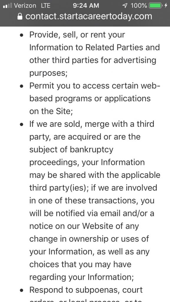 Terms & conditions of Startcareertoday, which sends out Walmart job spam