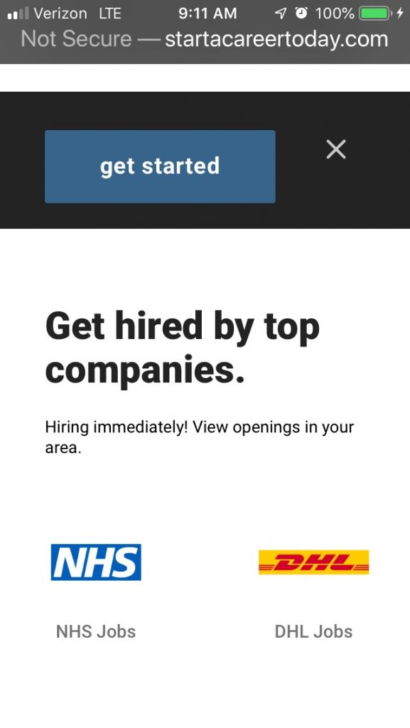 Website of Start A Career Today, which sends out Walmart job spam