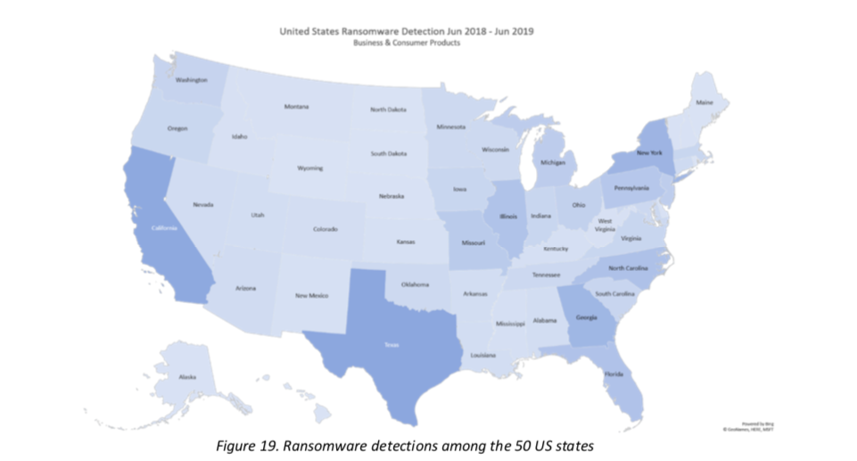 Map showing ransomware detections in the U.S.