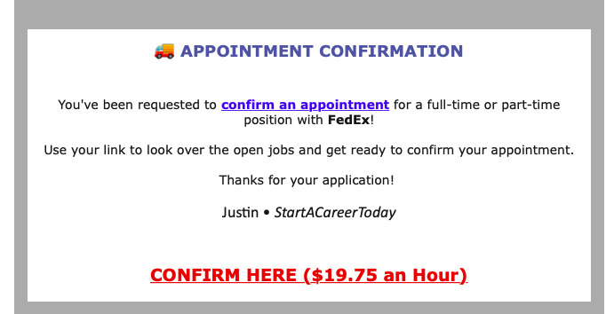 Fake interview email from Walmart job spam sender Startacareertoday