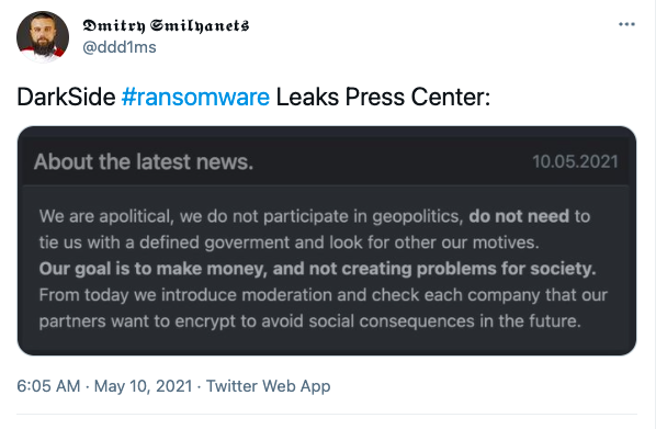 Twitter post of DarkSide statement