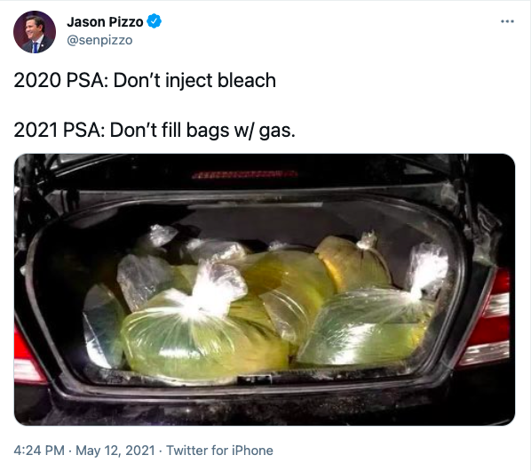 Tweet about gas in bags in a car trunk